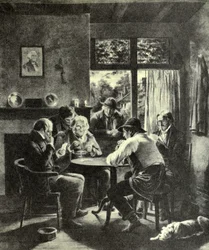 Illustratie van Currier & Ives 19e Eeuw. De Rubber, Op zijn Troeven Gezet